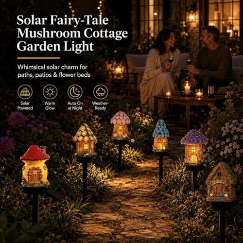 Solar Fairy-Tale Mushroom Cottage Garden Light, Whimsical Resin Fairy House Stake, Waterproof Warm Led Pathway Decor, Solar Powered Outdoor Landscape Lighting For Patio, Yard & Lawn (6PC-MIX) - Image 2