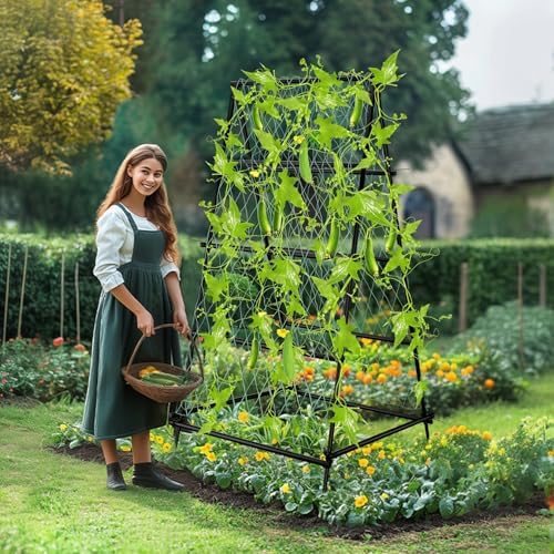unho Garden Trellis for Climbing Plants with Tough Nylon Netting, 6ft Tall Sturdy Rustproof Metal Plant Support Tower for Vegetable Fruit Vine Cucumber Garden Lightweight，Outdoor - Image 3