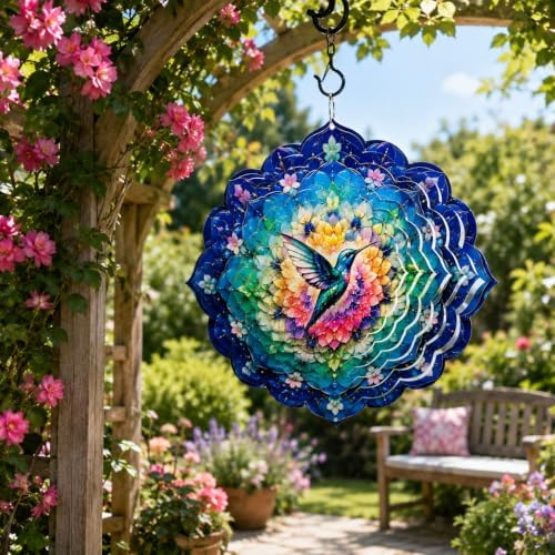 Shwing 12 Inch Wind Spinner Hanging Wind Sculptures Hummingbird Metal Decor Double Sided Outdoor Kinetic Garden Art 3D Wind Spinner Hanging Ornament for Patio Porch Balcony Backyard Tree Decor - Image 6