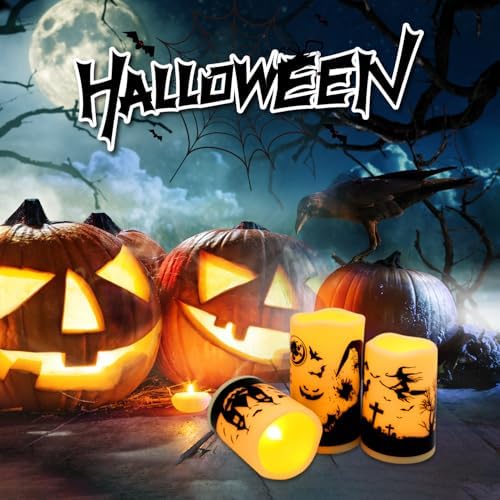 fclayvts 12-Pack Halloween LED Flameless Pillar Candles - Battery Operated with Remote & Timer, Flickering Warm Light, Witch/Bats/Castle Decals - Spooky Halloween Decor, Ghost Party Supplies, Gifts - Image 6