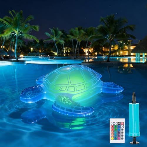 26.5inch Solar Pool Floats Lights,IP68 Waterproof Solar Powered Floating Pool Lights,16RGB Colors Turtle Inflatable Light Up Pool Float for Above Ground Pools,Outdoor Swimming Pool Decorations(1Pc) by Foxgor