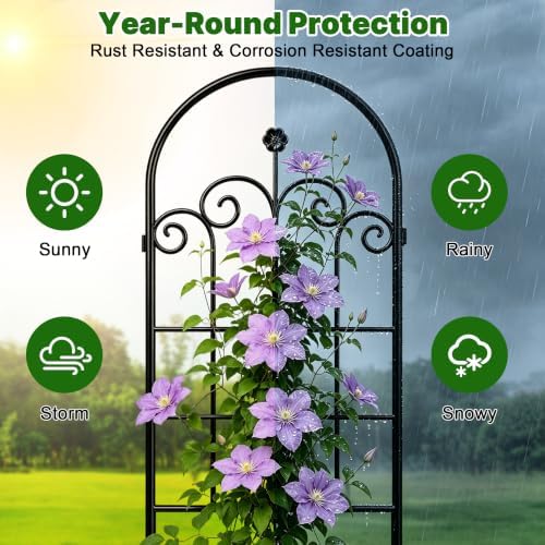 LZRS 71x40in Rustic Iron Garden Trellis, Weatherproof Black Metal Arch Decorative Flower Support for Climbing Outdoor Plants, Roses, Ivy, Vegetables, Anti-Rust Heavy Duty Plant Stakes - Image 4