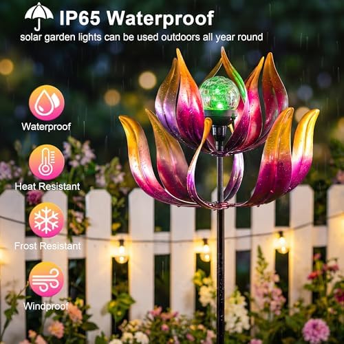 Solar Wind Spinners Outdoor for Yard and Garden, 61'' Lotus Kinetic Wind Sculptures with Color Changing LED Crackle Glass Globe, Metal Yard Art Decor for Patio Lawn, Garden Gifts for Women/Mother - Image 3