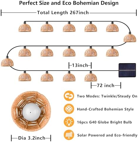 TWINKVILLA Solar Rattan String Lights Outdoor, 16FT 16 LED Half-Globe Hemisphere Wicker Lanterns, IP65 Waterproof Solar Powered Patio Lights, Boho Decorative Hanging Lighting for Garden Porch Wedding - Image 5