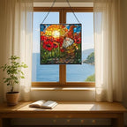 Gnome with Poppy Field Stained Glass Suncatcher – Square Hanging Window Panel for Home or Greenhouse – Whimsical Glass Art Gift for Garden Lovers, Christmas, Halloween, Father Days wWvZmC - Image 6