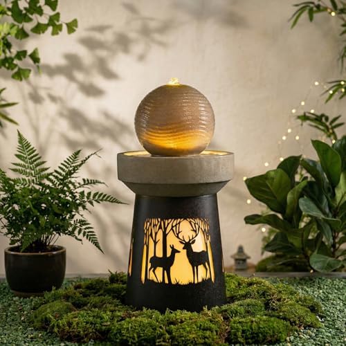 32.1''H Outdoor Barrel Water Fountain with Warm LED Light, Deer Silhouette Decorative Landscape Lantern Lamp, Outdoor Art Décor for Patio Lawn Backyard, Easy Assembly, Grey+Black - Image 2