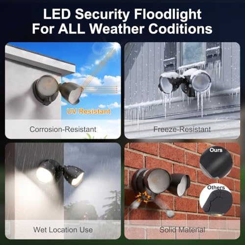 2 Packs 15W LED Flood Light Outdoor, 1500 Lumen Exterior Security Lights, 3000K/5000K Light, IP65 Waterproof, Dual-Head Wall/Eave Mount Flood Lights Energy Saving for Garage, Patio, Yard (Black) - Image 6