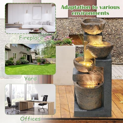 4-Tiers Cascading Rock Outdoor Fountain with LED Light Beige - Image 6