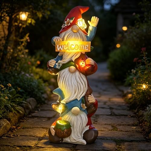 Garden Gnome Statue Solar Lights, Funny Faceless Triple Gnomes Sculptures Spring Decorations Outdoor Porch Patio Lawn Yard Art Balcony Home Decor Figurine, Birthday Gifts for Woman Mom Grandma by Scuyari
