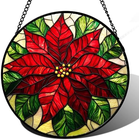 Stained Glass Window Hanging - Poinsettia Suncatcher for Door Garden Home Decor Birth Flower Sun Catcher Birthday Mother's Day for Lovers Friend Women Mom Nana 11.8 in by JOSUMALY