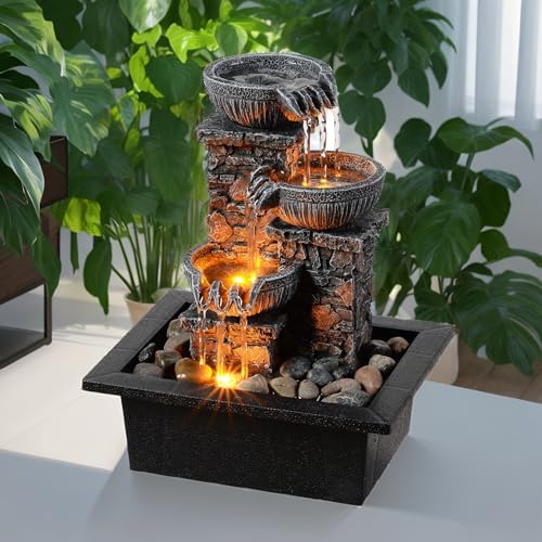 Kalona Tabletop Waterfall Fountain 3 Bowls with LED Light, Soothing Water Flow Sound, Zen Meditation Decor for Home and Office, Relaxation Water Fountains Indoor (23113) - Image 2