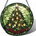 Green Christmas Tree Golden Bells Stained Glass Window Hanging Gifts 9.8" by DASTOLL