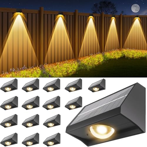 Solar Fence Lights Outdoor Waterproof Warm & Cool White & RGB（16Pack Black） by SenLuKit