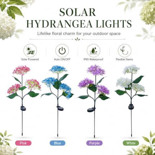 Fairy Hydrangea Solar Lights Outdoor Waterproof, 4Pcs Solar Flowers Outdoor Garden Realistic Artificial Flower Stake LED Garden Decor for Pathway Patio Yard Lawn (Purple (4Pcs)) - Image 5