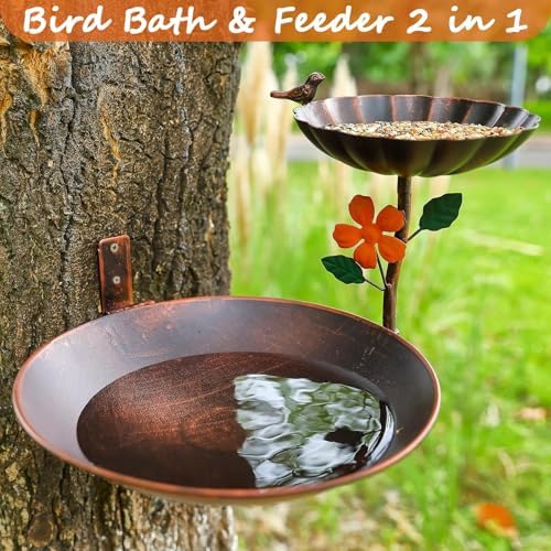 Tree Mounted Bird Bath, Wall Mount Bird Baths for Outdoors, Metal Birdbath and Feeder Combo, Antique Birdbaths Installed on Wooden Fences Trees Deck Outdoor Walls - Image 3