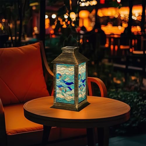 Solar Lantern Stained Glass Window Panel Flowing Waves Colorful Bubbles Blue Tones Outdoor Waterproof Garden Hanging Lantern Solar Powered Lighting Outside Table Lamp for Patio Deck Camping 1 Pack - Image 7