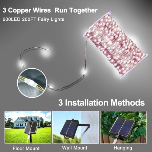 KNONEW 203FT 600LED Solar Fairy String Lights Outdoor Cool White 8 Modes - Image 6