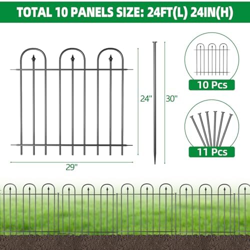 Garden Fence Animal Barrier - 10 Panels, 24 in(H) x 24 ft(L) No Dig Garden Fence, Arched Decorative Garden Fence Border with Ground Stakes, Rustproof Metal Fencing for Yard Patio Dog Rabbit - Image 2