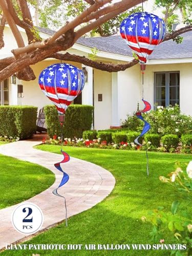 2PCS Giant Patriotic Hot Air Balloon Wind Spinners 14" W x 59" H Large American Whirligig Wind Spinner Hanging Ornaments for Memorial Day July of 4th Yard Garden Lawn Outdoor Decorations - Image 2