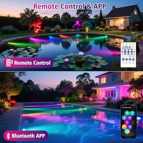 T-SUN Color Changing Pond Lights, 6 Lightheads with Bluetooth APP Control - Image 2