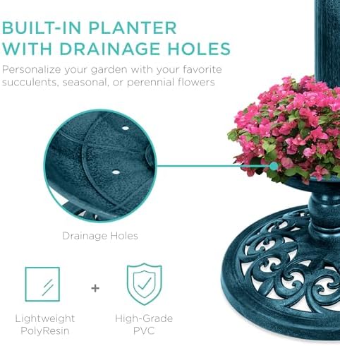 Best Choice Products Bird Bath W/Solar Light & Planter - Peacock Blue - Image 4