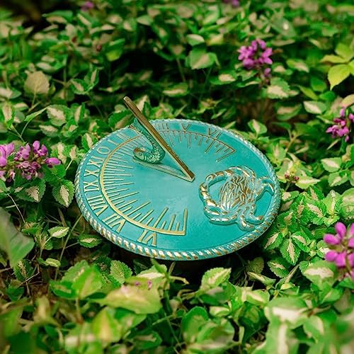 Renovators Supply Manufacturing Sundial Verdigris Finish Brass 10" Dia Vintage Sun Dial Garden Or Lawn Clock Beach Theme Fish Dial and Crab Plaque Patio Outdoor Compass Sundials for Yards - Image 3