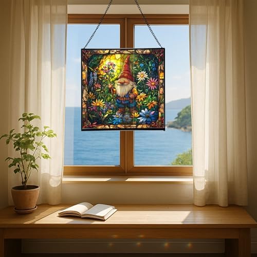 Midsummer Gnome Garden Stained Glass Suncatcher – Square Hanging Window Panel for Home or Greenhouse – Whimsical Glass Art Gift for Garden Lovers, Christmas, Halloween, Father Days P6KAqe - Image 6