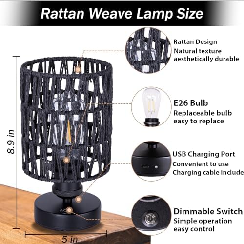 Cordless Rechargeable Outdoor Table Lamps, Battery Operated Table Lamp, Stepless Dimmable for Patio, Living Room, and Bedroom (Bulb Included) - Set of 2 (Black) - Image 3