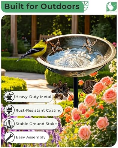 Metal Bird Bath for Outside Hummingbird Embossed Bowl with Stake - Image 4