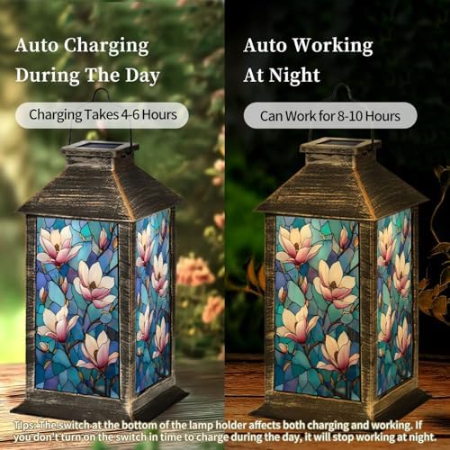 Solar Lantern Magnolia Flowers Stained Glass Style Blue Mosaic Outdoor Waterproof Hanging Solar Light Outside Lights for Patio Yard House Lawn Decor Birthday Gifts for Women Mom - Image 4