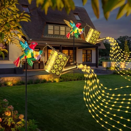 Solar Hummingbird Watering Can Garden Light,Warm White LED String Light,Outdoor Lawn Decorative Floor Lamp,Colorful Metal Crafts - Image 5