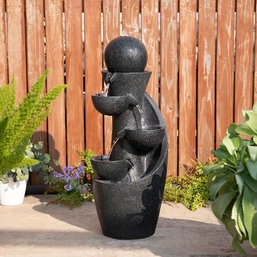 Glitzhome Outdoor Water Fountain with LED Light & Pump, Modern 5-Tier Bowl and Sphere Polyresin Outdoor Fountain, 33.5" Cascading Waterfall Fountain Water Feature for Porch Deck Patio Backyard Decor by Glitzhome