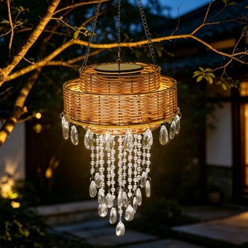 Solar Outdoor Rattan Hanging Chandelier Waterproof Hanging Pendant Light by HUYIENO