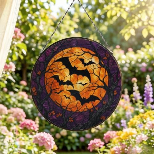Full Moon Bats Halloween Stained Glass Suncatcher 9.8" Colorful Window Hanging Ornament, Retro Sun Catcher Decor with Chain for Home Wall Garden Birthday Christmas Mothers Day - Image 2