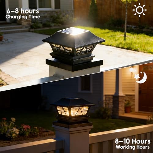 TW SHINE Solar Post Cap Lights 6 Pack, 2 Modes Fence Post Solar Powered Lights Outdoor Waterproof for 4x4 5x5 6x6 Wood Posts Warm White/Cool White for Yard, Garden, Porch, Deck, Patio Decor - Image 2