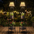 2 Pack Solar Floor Lamps Outdoor with 2-Tier Plant Stand, Metal Tall Planter Holder with Waterproof LED Lantern, Decorative Patio Light & Flower Pot Display Rack for Garden, Deck, Porch, Balcony - Image 4