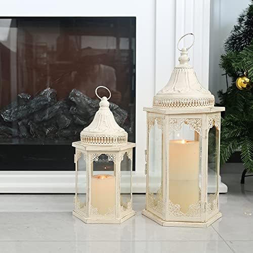 NEEDOMO Lanterns Decorative Outdoor & Indoor, Set of 2 Outdoor Lanterns for Porch,Large Candle Lantern, Beige Metal Frame with Glass for Fall, Christmas - Image 7
