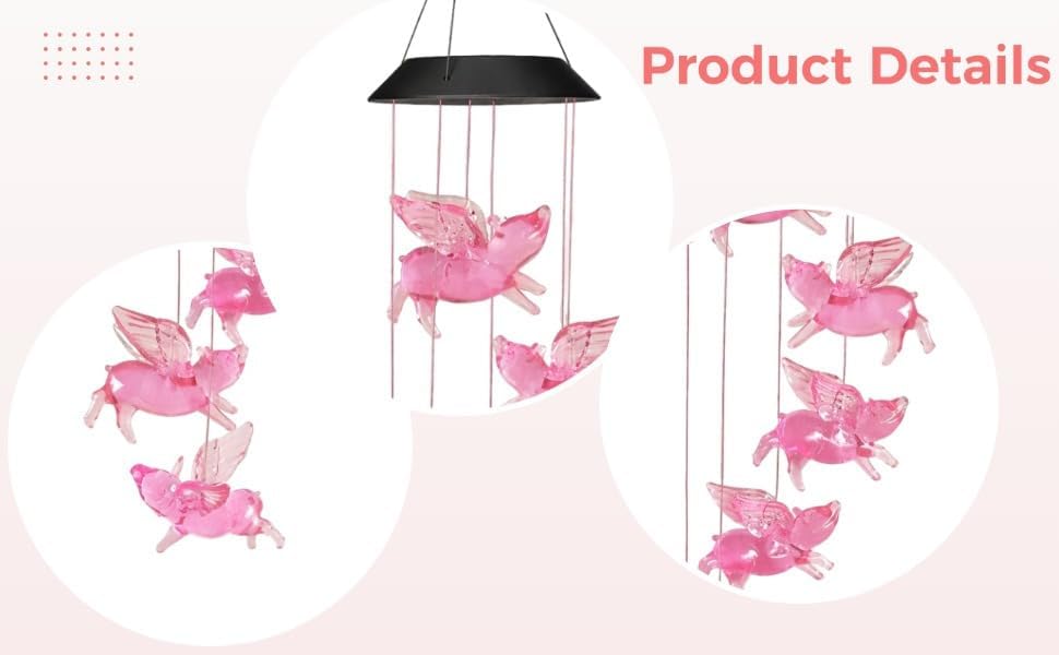 Flying Pig Wind Chime, 6-Led Solar Color Changing Mobile, 31.5 In / 80 Cm Black Shell Outdoor Decor, Gifts For Pet Lovers - Image 7