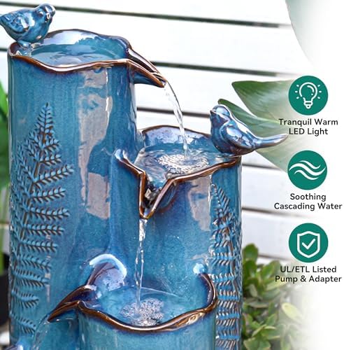32" Outdoor Water Fountain, Ceramic Outdoor Fountain, Stacked 4-Tier Vase Waterfalls for Garden, Patio, Yard, or Porch Decor, Creating Relaxing Serene Oasis, Embossed Leaf Pattern, Turquoise - Image 5