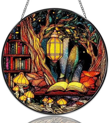 Stained Glass Window Hanging Forest Library Lantern Art Sun Catchers Fairy Tale Book and Mushroom Scene Suncatchers Decorative for Home Garden Outdoor & Indoor Colorful Gift 9.8 Inch by Unknown