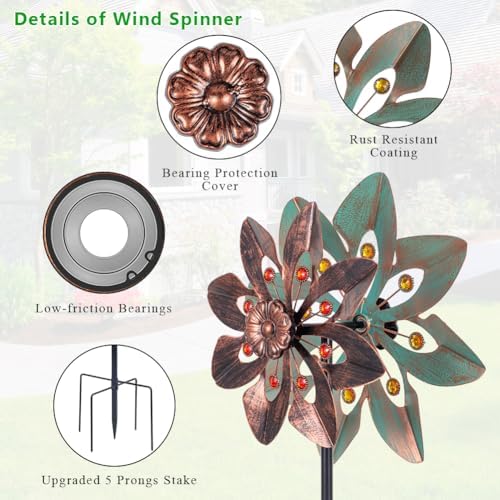 VEWOGARDEN Wind Spinners Outdoor with 2 Blades, Metal Kinetic Wind Spinner with Flower Design for Yard Garden Lawn Decorations - Image 4