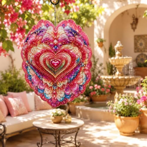 Shwing 12 Inch Wind Spinner Heart Floral Hanging Decor Romantic Valentine Metal Ornament Double Sided Outdoor Kinetic Garden Art 3D Wind Spinner for Patio Porch Balcony Backyard Tree Decoration - Image 6
