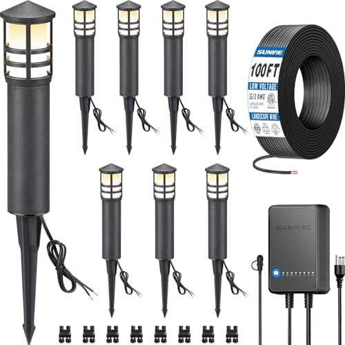 SUNVIE All-in-One LED Landscape Lighting Kit, 8-Pack Low Voltage Pathway Lights with Transformer and 100FT 16/2 AWG Wire, 3000K Waterproof Landscape Lights with Connectors for Walkway Garden Yard by SUNVIE