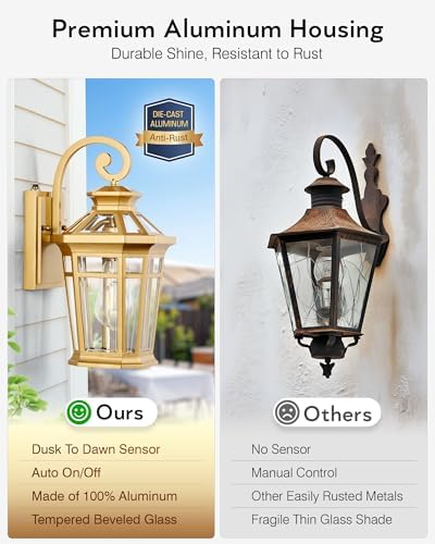 Porch Lights Outdoor, Dusk to Dawn Exterior Lighting Fixtures, Gold Wall Lanterns Wall Mount, Waterproof Anti-Rust Outdoor Sconce Lights for Garage, Patio Wall Light Fixture with Beveled Glass - Image 5