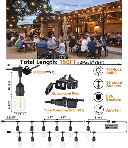 Outdoor String Lights for Outside LED 150 FT Shatterproof Patio Lights with 50 Waterproof Bulbs for Outdoor Backyard Bistro Gazebo Lights, 2-Pack - Image 2