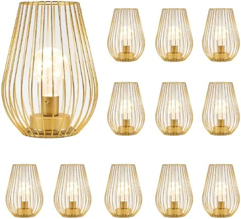 TRIROCKS Metal Cordless Table Lamp - 8'' Tall Set of 12 Cage Shape Battery Operated Lamp with Fairy Lights Bulb for Indoor/Outdoor Use Perfect for Christmas Garden and Weddings (Gold,Set of 12) by TRIROCKS