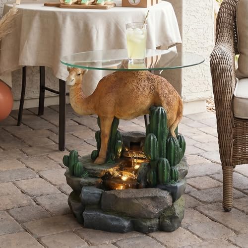 Modern Indoor Water Fountain with Glass Table, 22.8" H Outdoor Water Fountain LED Lighted Camel Fountain with Table, Water Feature for Garden, Deck, Living Room, Bedroom, Office Décor - Image 5