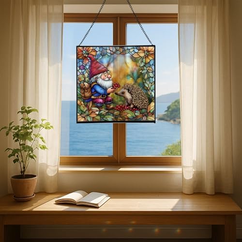 Gnome and Hedgehog Friends Stained Glass Suncatcher – Square Hanging Window Panel for Home or Greenhouse – Whimsical Glass Art Gift for Garden Lovers, Christmas, Halloween, Father Days 3plY32 - Image 6
