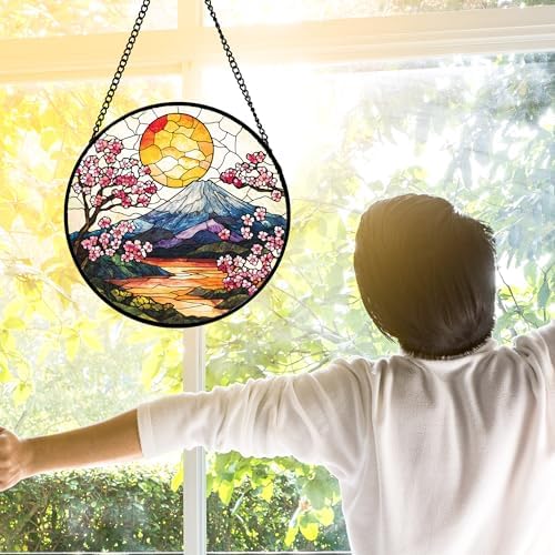 Mount Fuji Cherry Blossom Stained Glass Window Hanging Suncatcher Gift 12" - Image 4