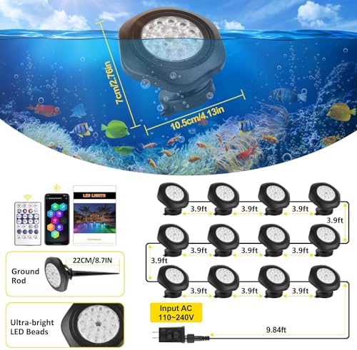 T-SUN Pond Lights LED Underwater 16M Colors with App and Remote 12 Pack - Image 2